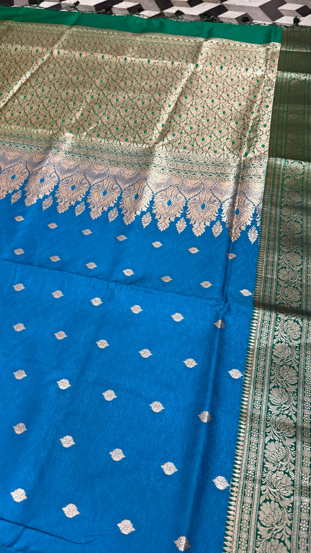 Royal Blue Green Banarasi Silk Saree, Golden Zari Woven Wedding Ethnic Wear