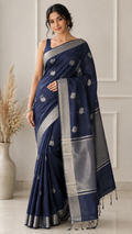 Navy Blue Cotton Saree with Silver Zari Border, Handloom Festive Wear