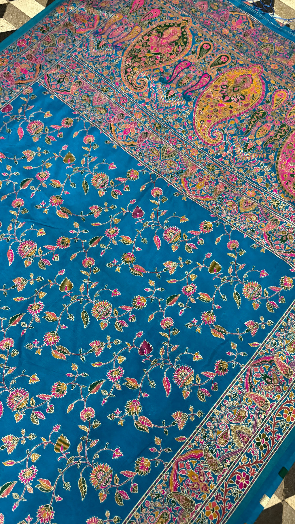 Royal Blue Pashmina Silk Saree, Kashmiri Floral Paisley Woven Indian Wedding Wear