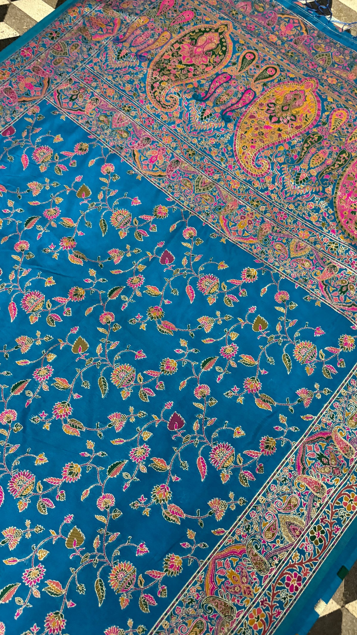 Royal Blue Pashmina Silk Saree, Kashmiri Floral Paisley Woven Indian Wedding Wear