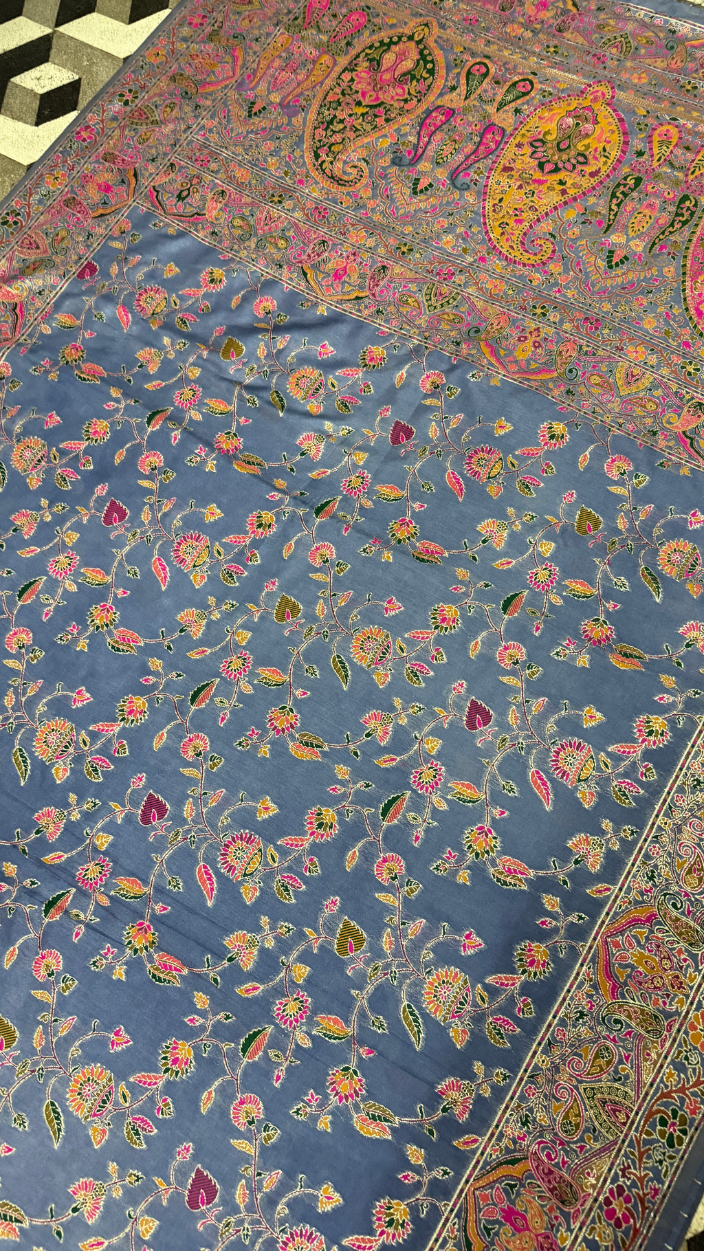 Steel Blue Pashmina Silk Saree, Kashmiri Floral Woven, Paisley Border, Indian Festive Wear