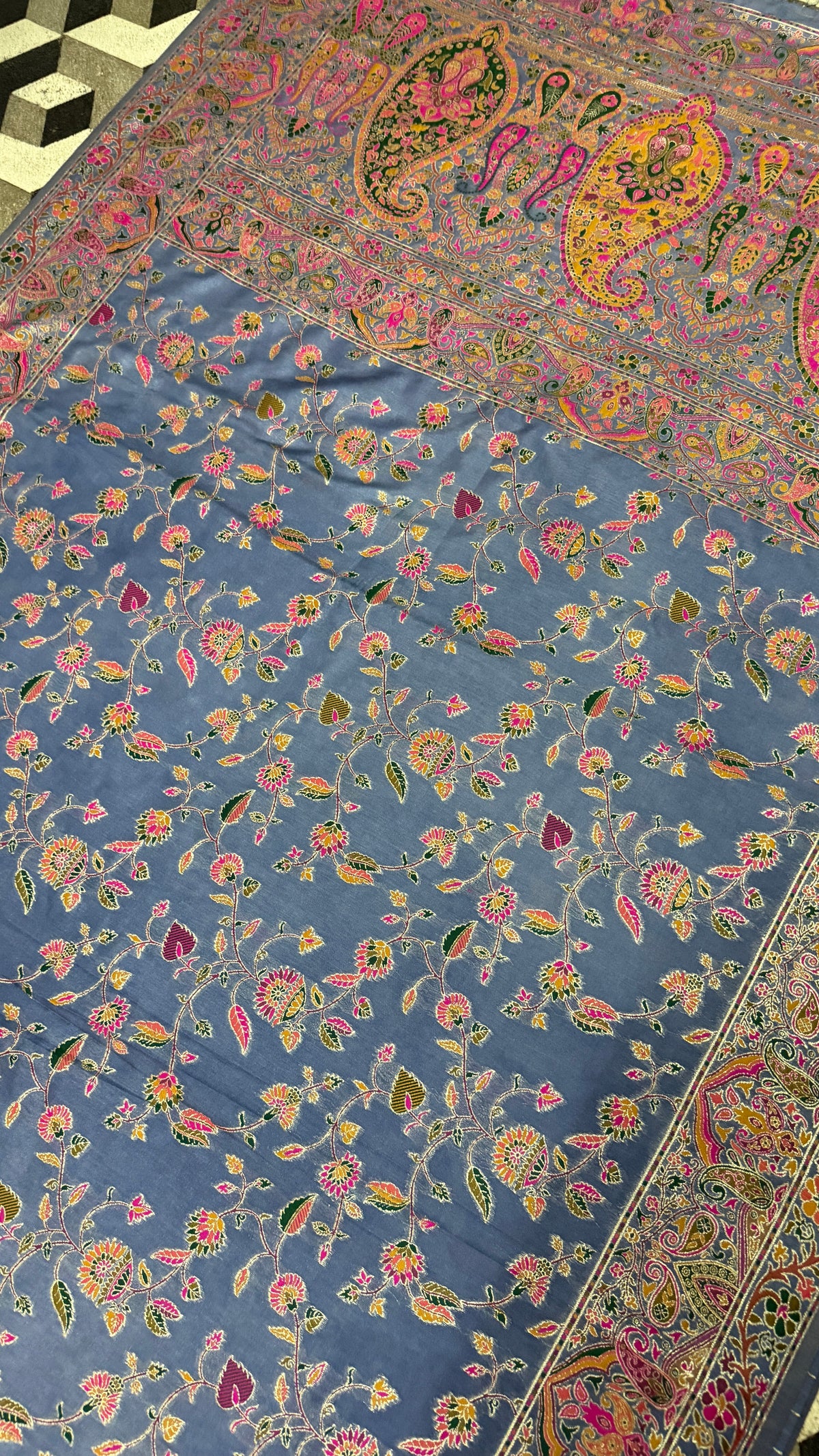 Steel Blue Pashmina Silk Saree, Kashmiri Floral Woven, Paisley Border, Indian Festive Wear
