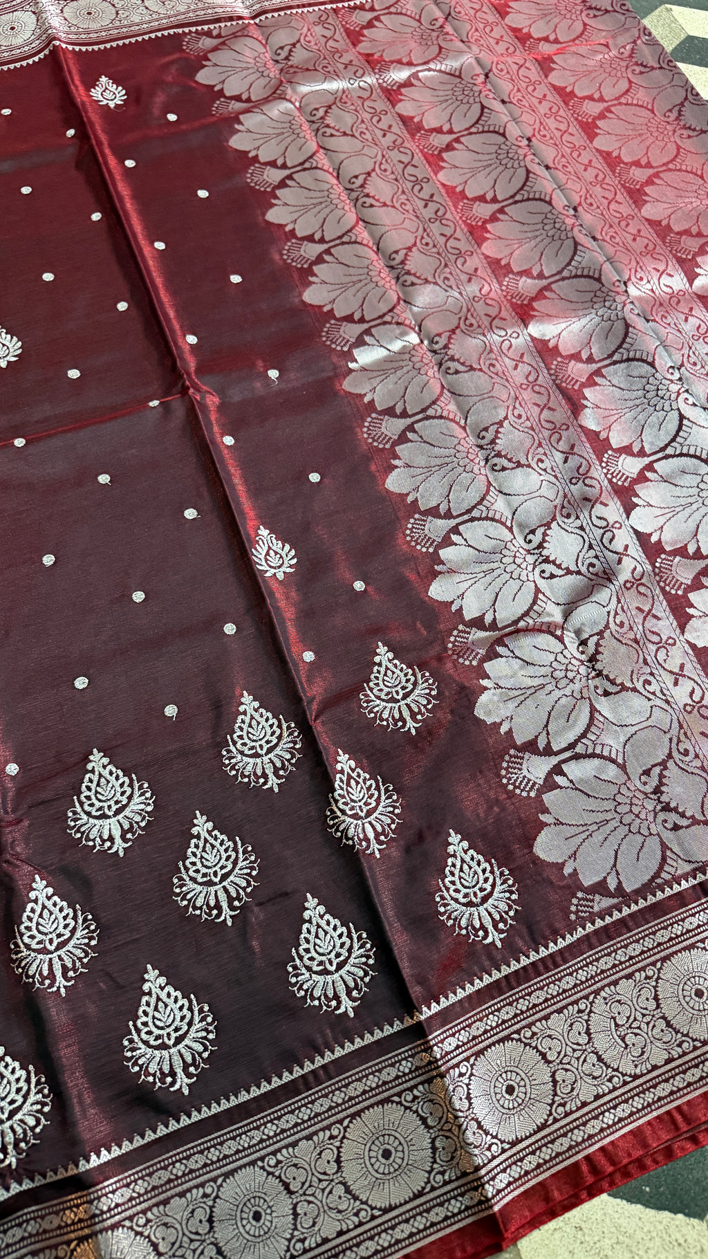 Wine Maroon Satin Silk Saree, Silver Zari Border, Floral Pallu, Festive Ethnic Wear