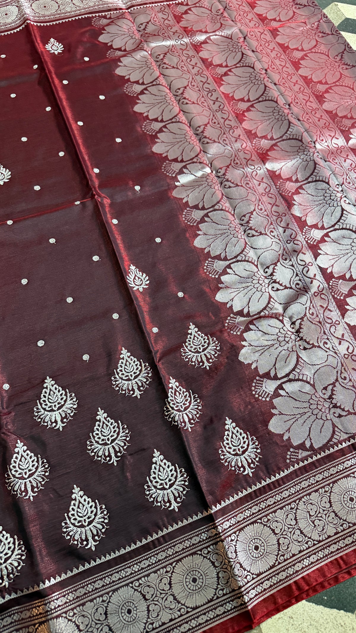 Wine Maroon Satin Silk Saree, Silver Zari Border, Floral Pallu, Festive Ethnic Wear