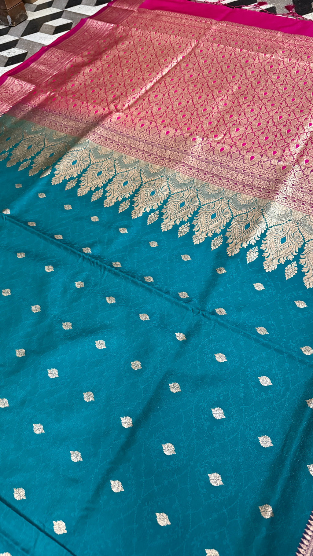Teal Blue Banarasi Silk Saree, Pink Zari Border, Traditional Indian Wedding Wear