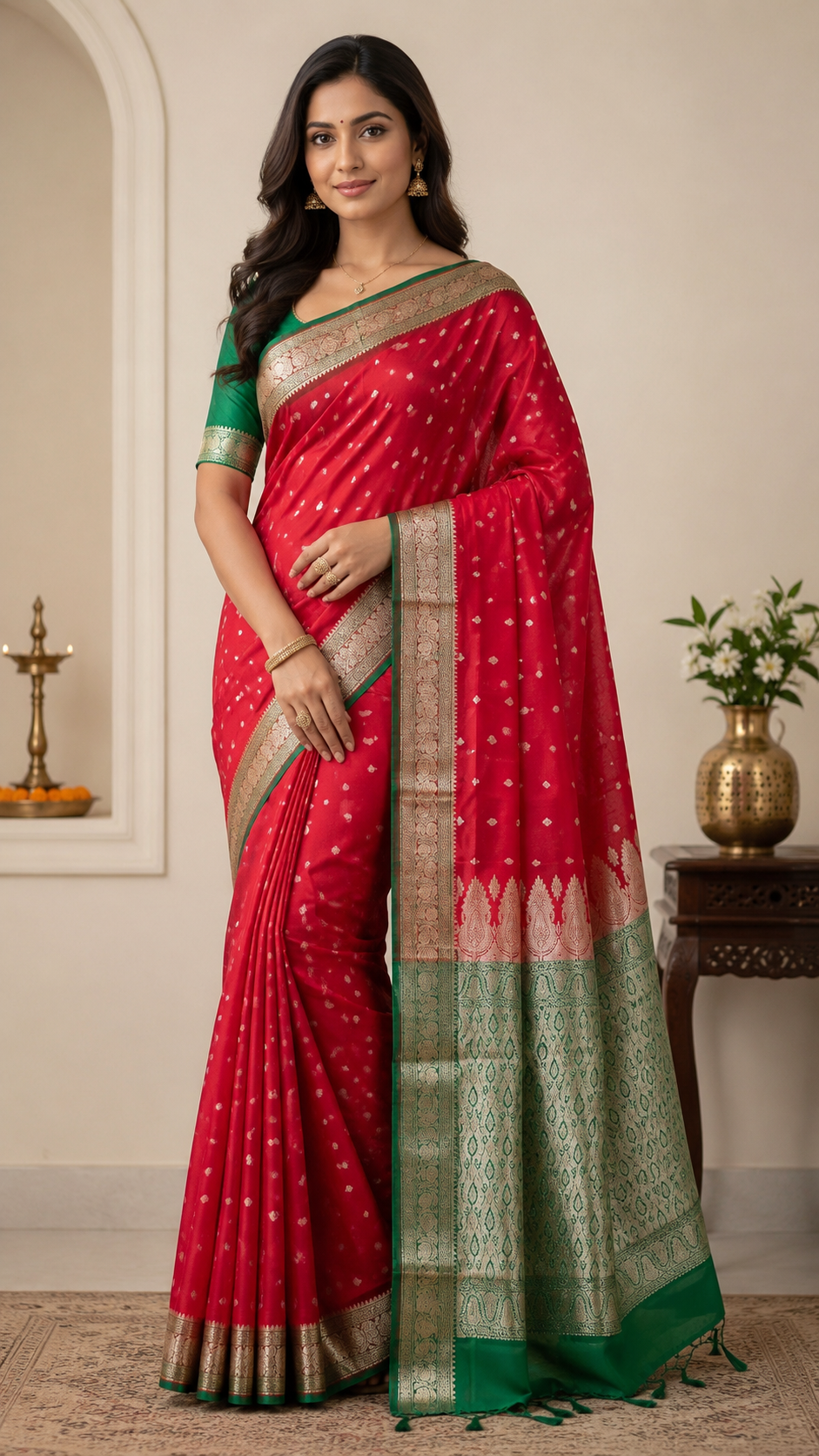 Red Green Banarasi Silk Saree, Golden Zari Woven Wedding Ethnic Wear