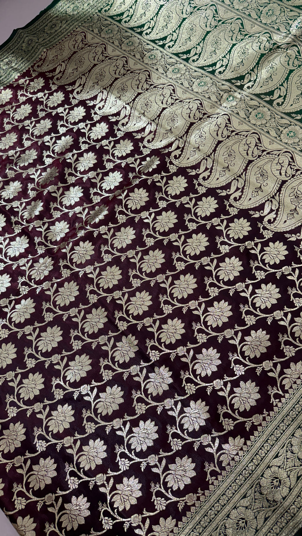 Wine Green Banarasi Silk Saree | Golden Floral Woven Traditional Indian Saree
