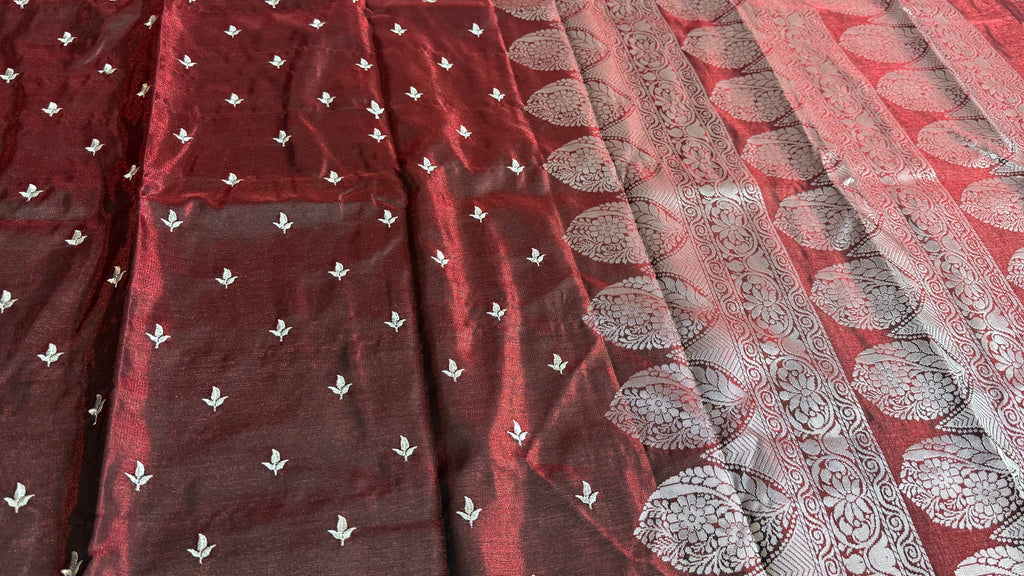 Maroon Satin Silk Saree with Silver Butti & Traditional Woven Border | Elegant Indian Saree