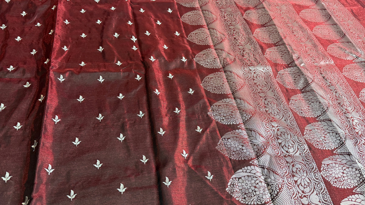 Maroon Satin Silk Saree with Silver Butti & Traditional Woven Border | Elegant Indian Saree