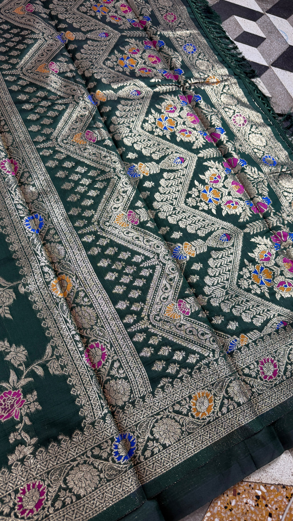 Dark Green Georgette Silk Saree with Floral Zari Weaving