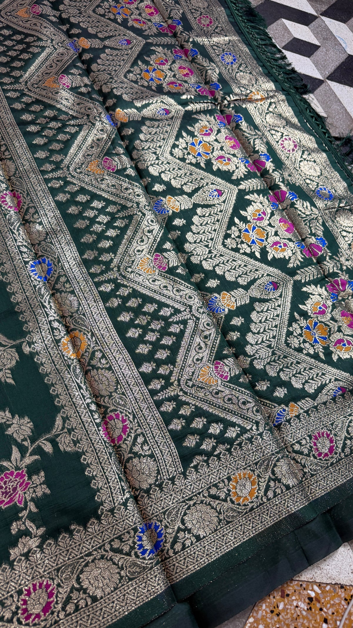 Dark Green Georgette Silk Saree with Floral Zari Weaving