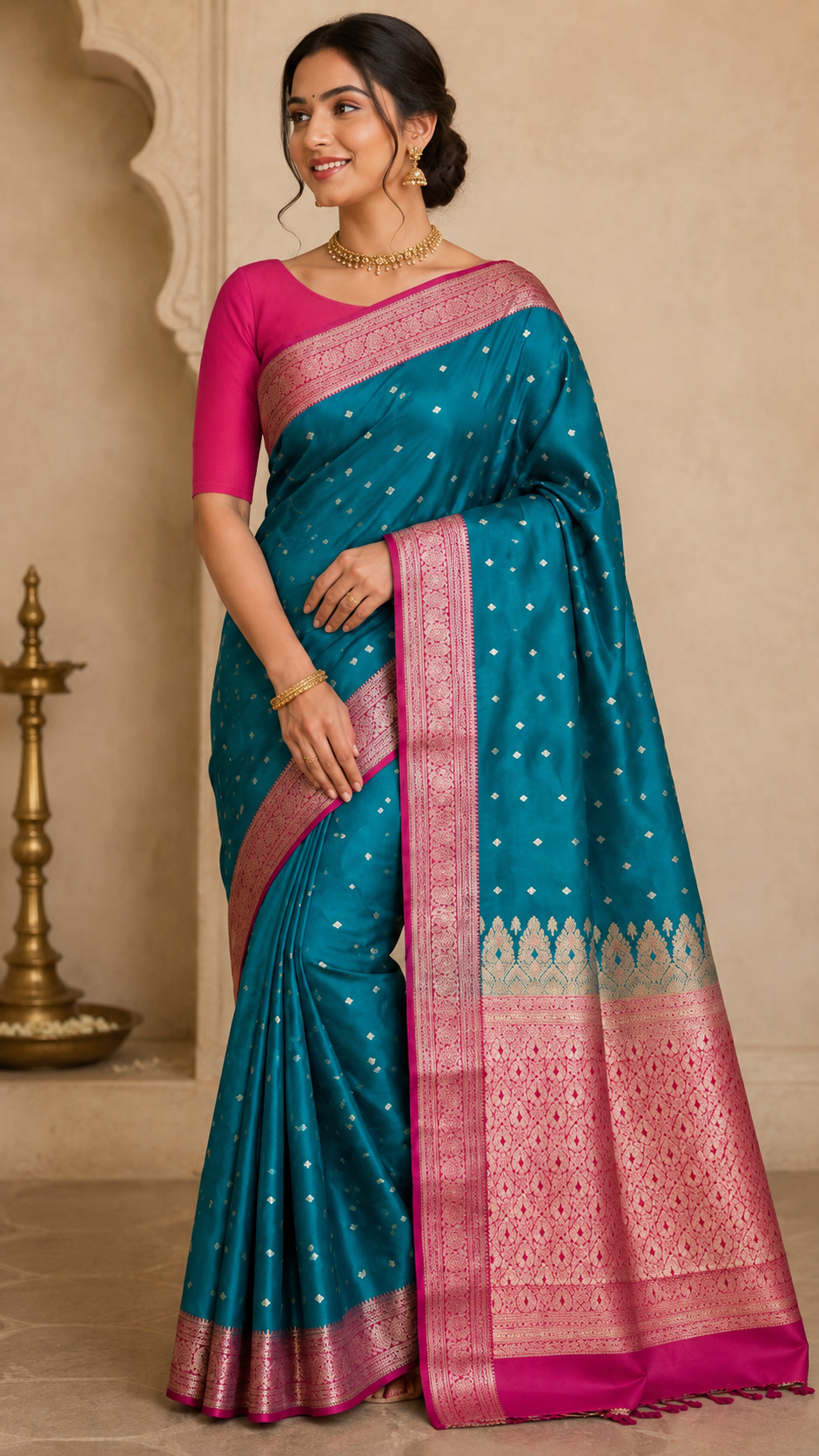 Teal Blue Banarasi Silk Saree, Pink Zari Border, Traditional Indian Wedding Wear