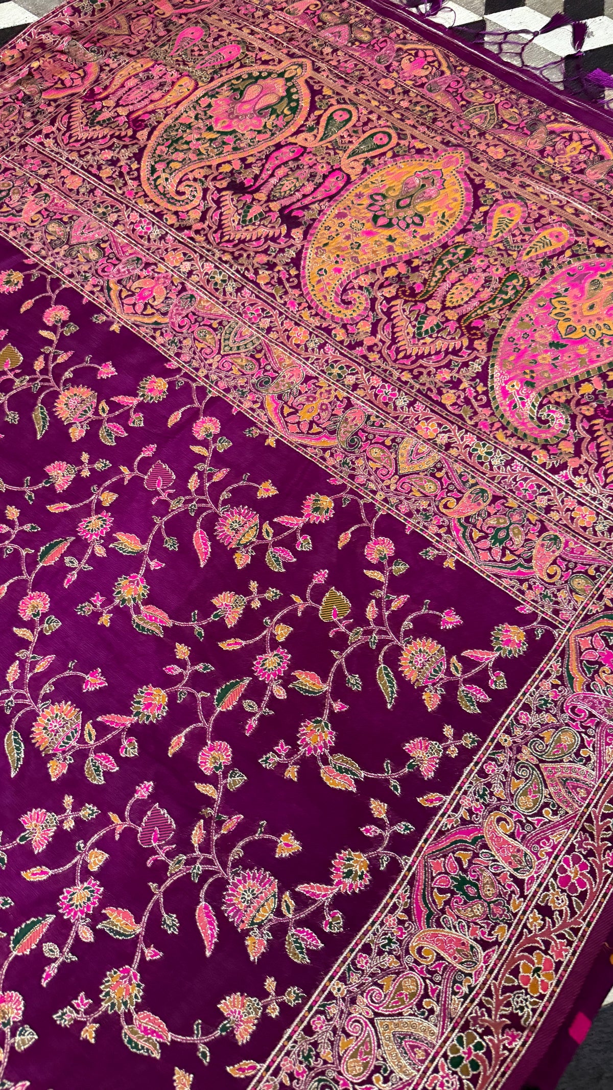 Deep Purple Pashmina Silk Saree, Kashmiri Floral Paisley Border, Indian Wedding Festive Wear