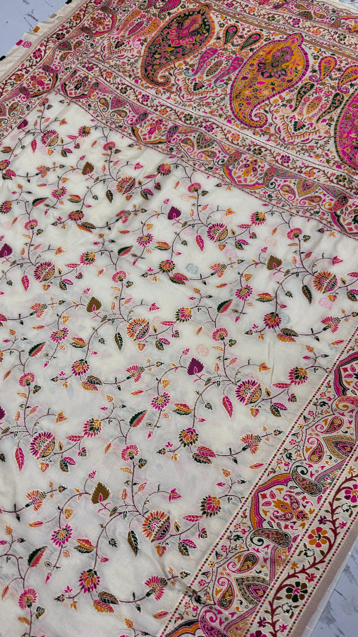 Pashmina Silk Saree | Cream Floral Printed Saree with Paisley Border | Indian Ethnic Wedding & Festive Wear
