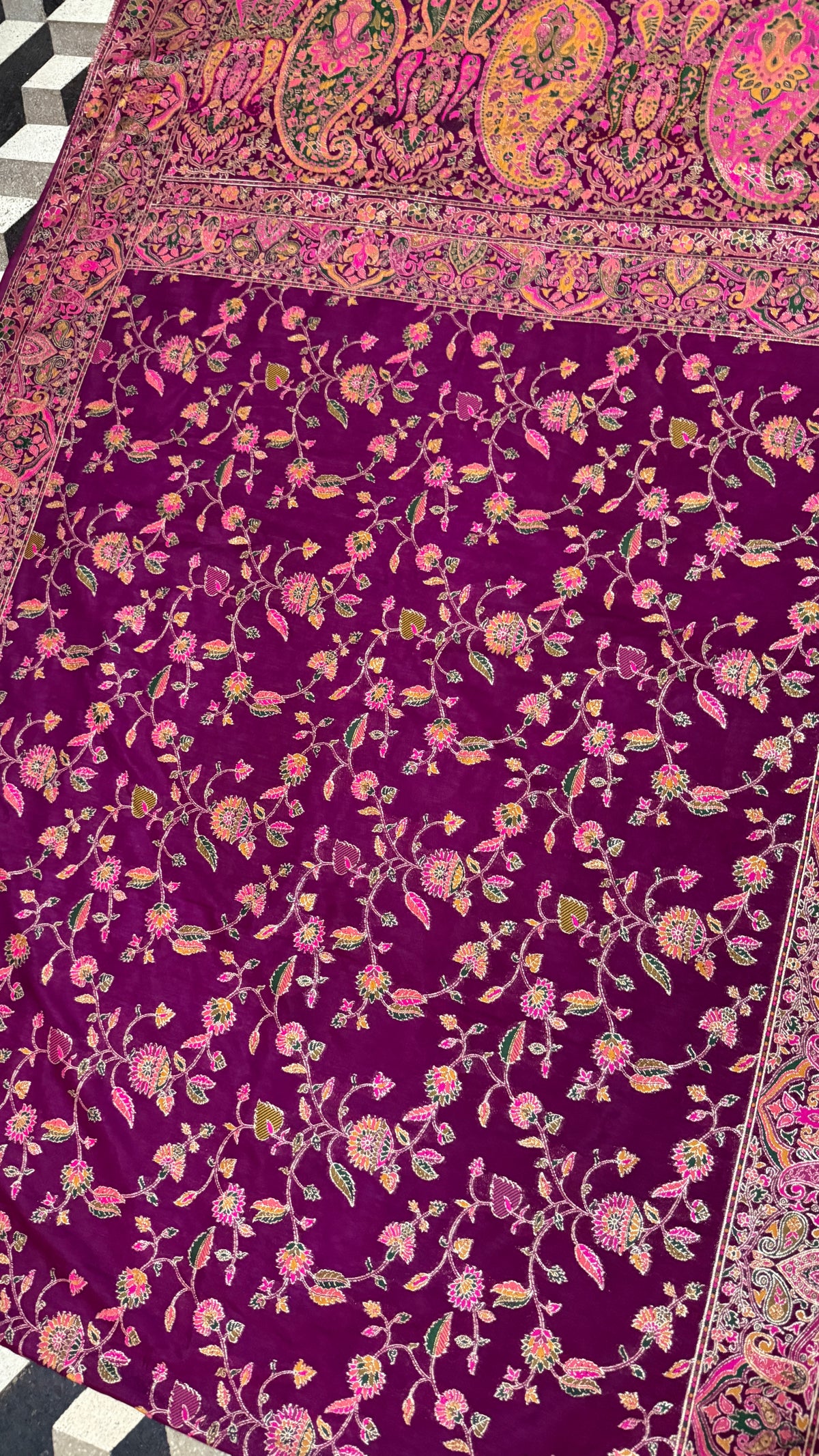 Deep Purple Pashmina Silk Saree, Kashmiri Floral Paisley Border, Indian Wedding Festive Wear