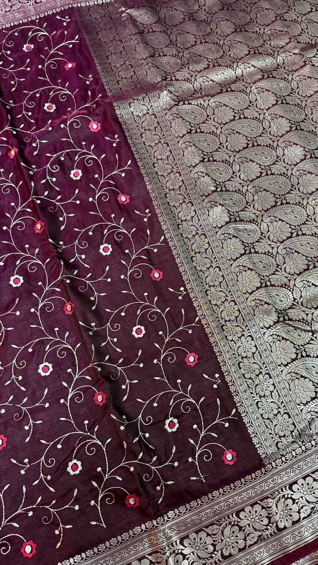 Wine Purple Satin Silk Saree, Floral Vine, Silver Border, Paisley Pallu