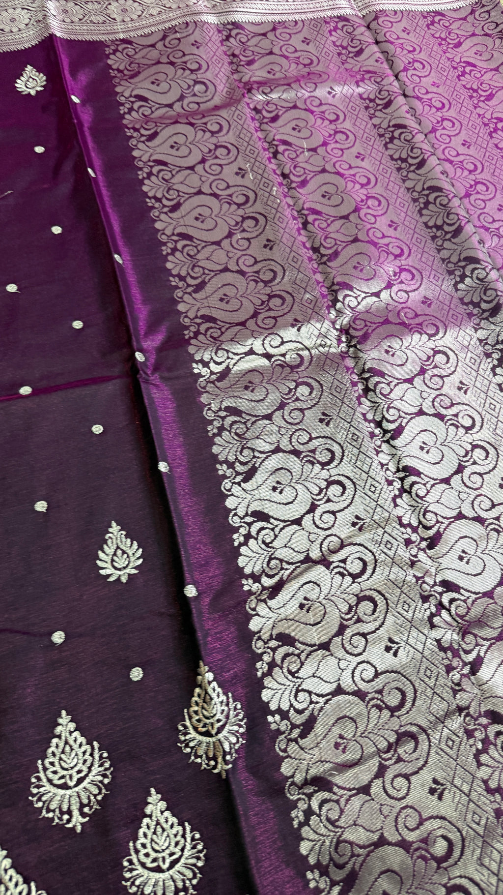 Deep Purple Satin Silk Saree, Silver Zari Border, Festive Indian Wedding Wear