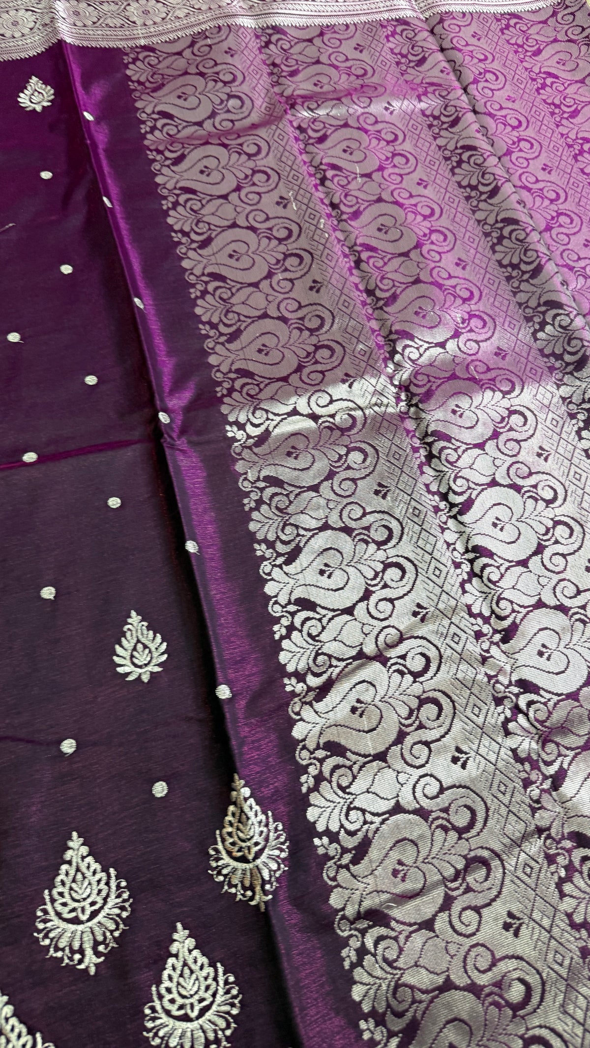 Deep Purple Satin Silk Saree, Silver Zari Border, Festive Indian Wedding Wear