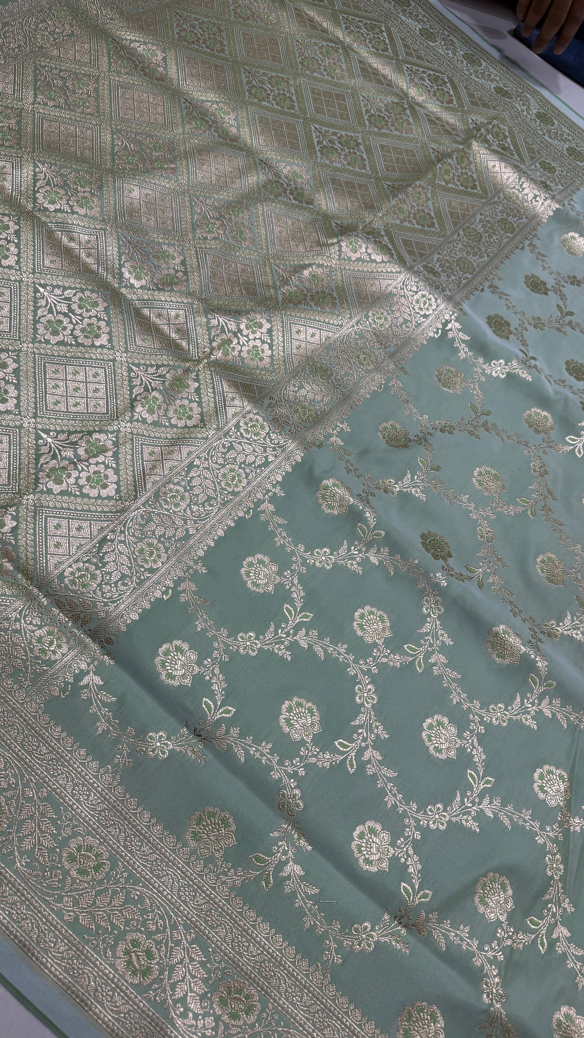Pure Katan Silk Saree, Sage Green Handwoven Silver Zari, Bridal Wedding Drape
