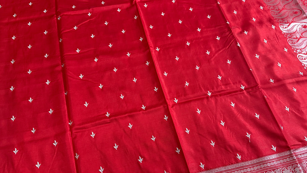 Red Satin Silk Saree, Traditional Woven Border, Festive Ethnic Wear