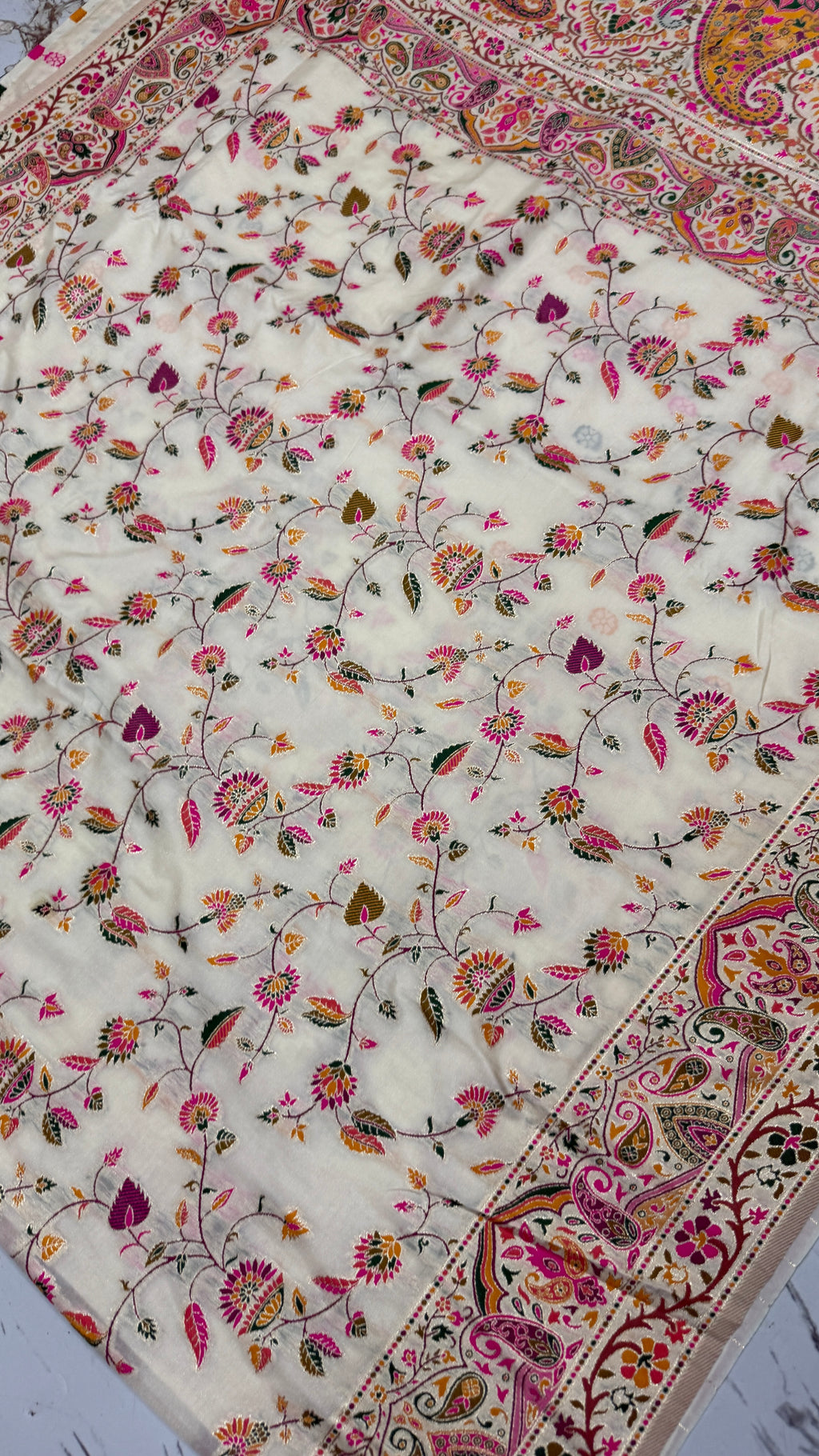Pashmina Silk Saree | Cream Floral Printed Saree with Paisley Border | Indian Ethnic Wedding & Festive Wear