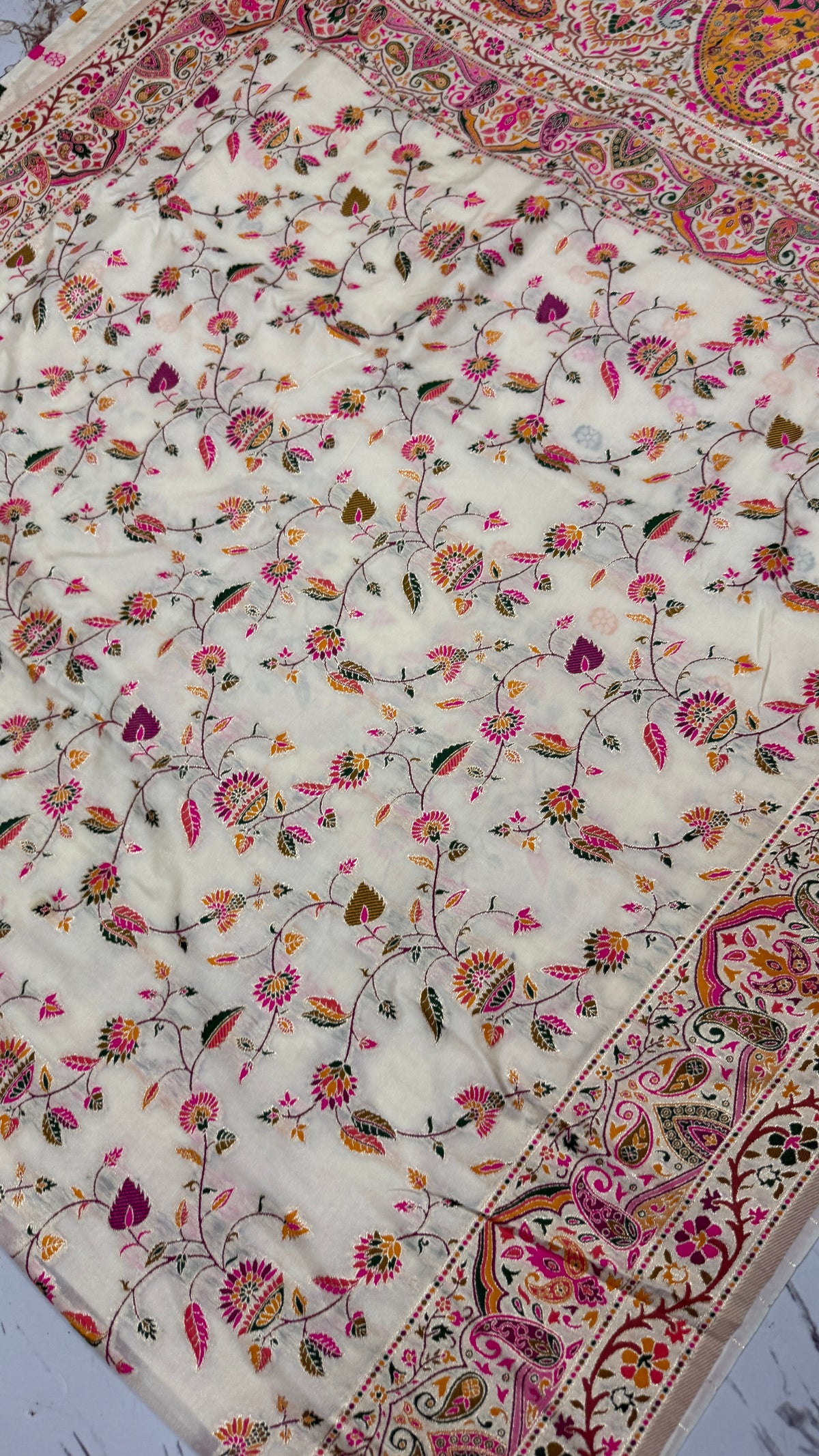 Pashmina Silk Saree | Cream Floral Printed Saree with Paisley Border | Indian Ethnic Wedding & Festive Wear