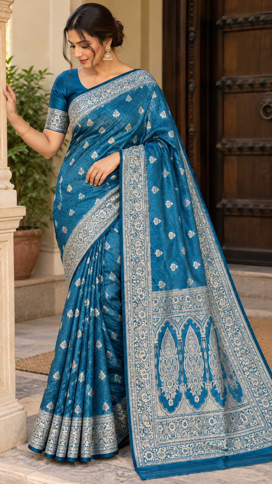 Emerald Green Banarasi Silk Saree, Rose Gold Zari Woven Border, Indian Wedding Festive Wear (Copy 8)