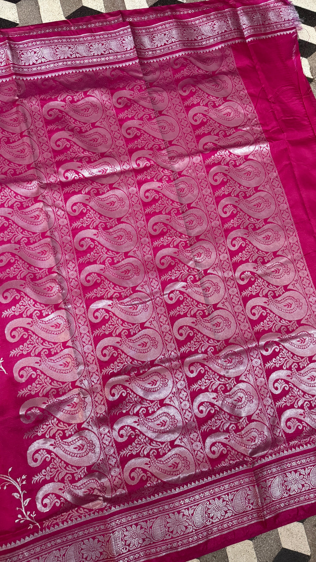 Magenta Satin Silk Saree, Floral Paisley Woven Design, Wedding Party Wear