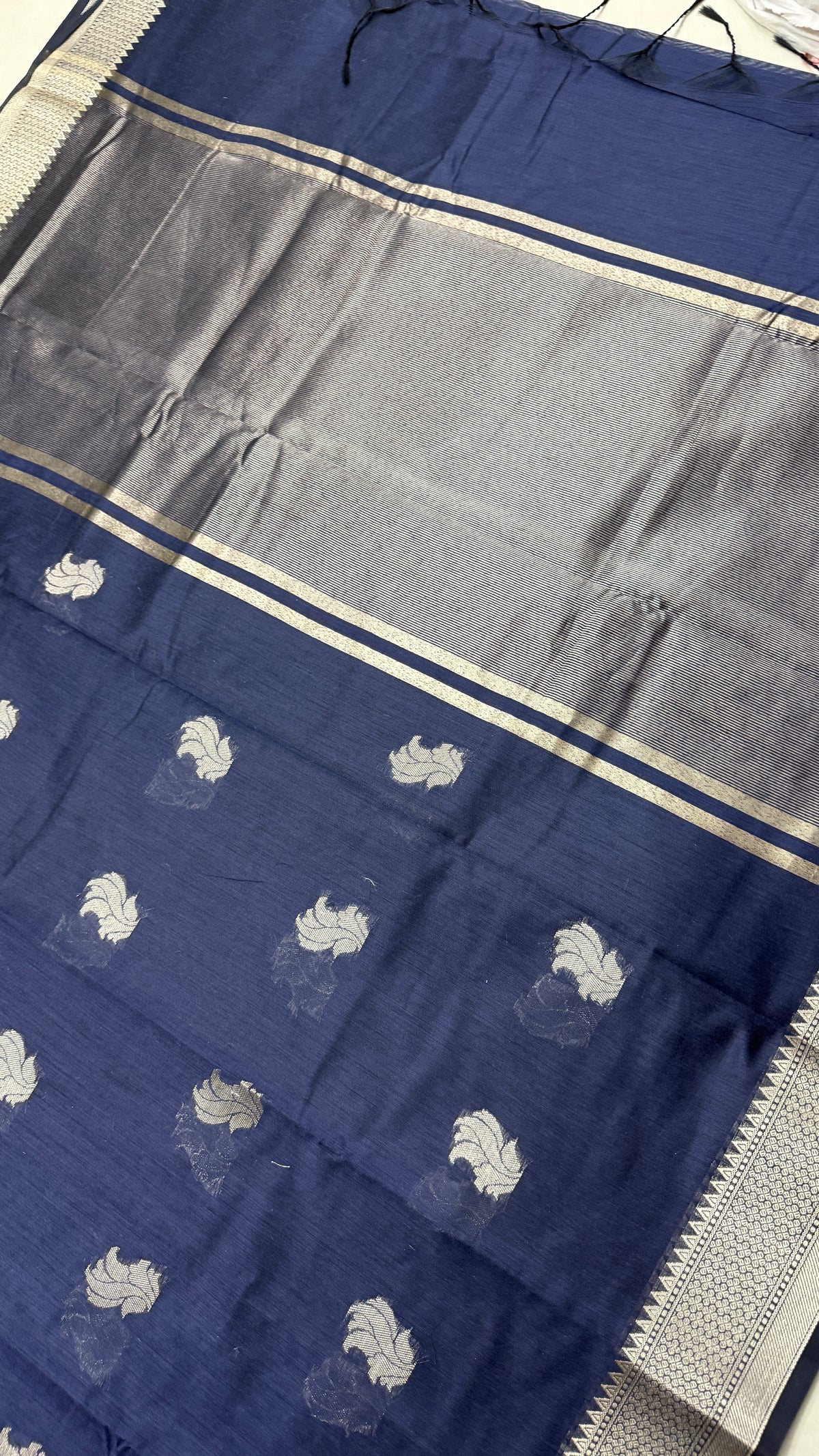 Navy Blue Cotton Saree with Silver Zari Border, Handloom Festive Wear