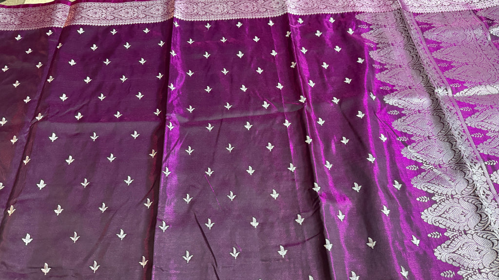 Purple Satin Silk Saree, Silver Zari Border, Indian Wedding Festive Wear