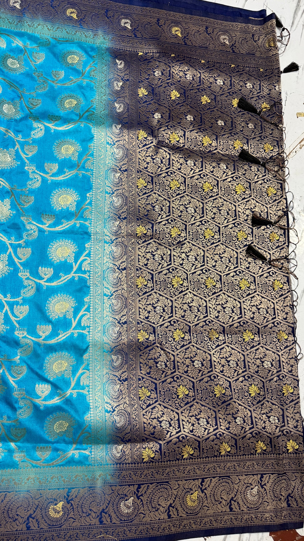 Sky Blue Dola Silk Saree, Banarasi Zari Woven Floral, Festive Indian Wedding Wear