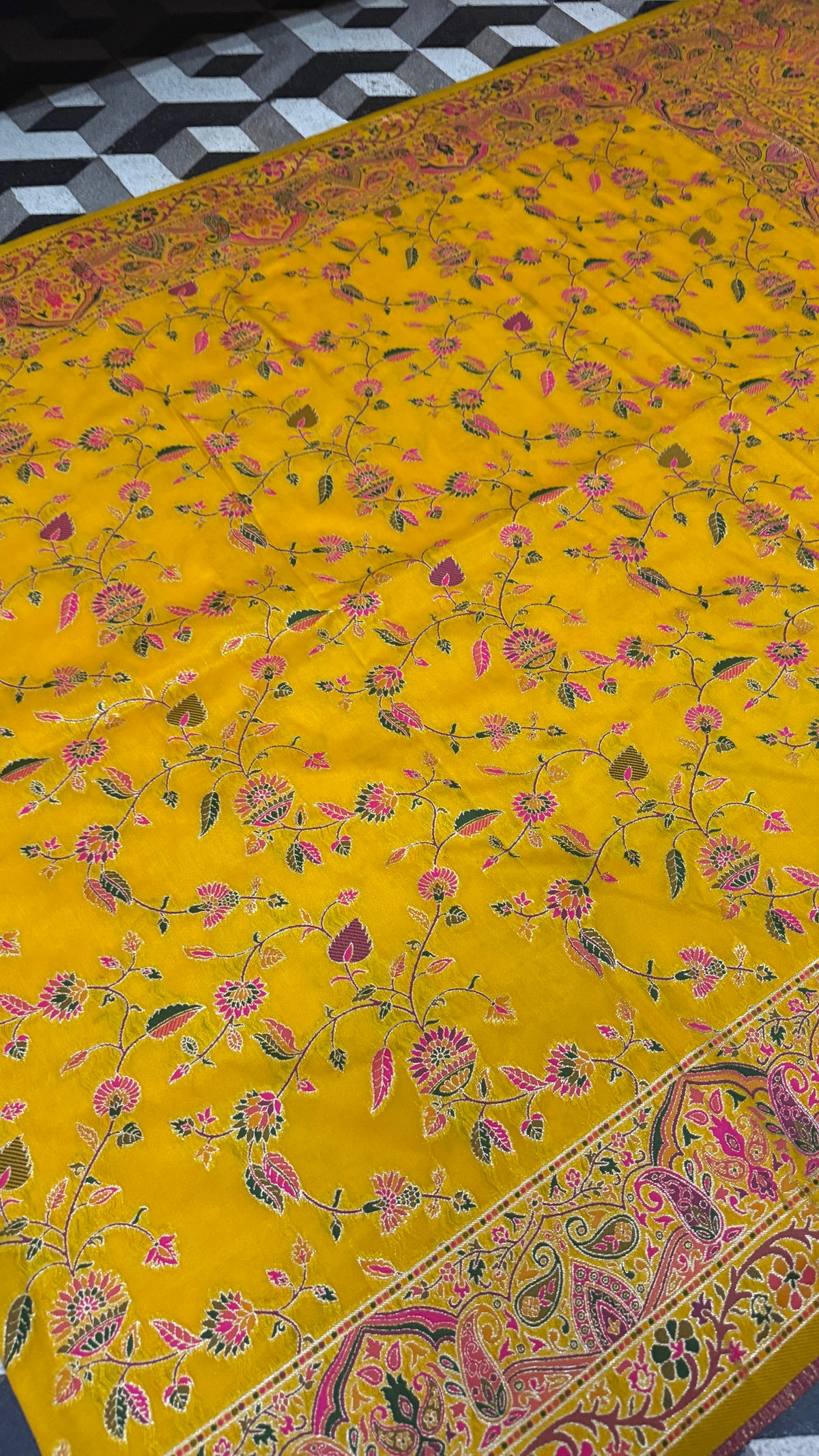 Mustard Yellow Pashmina Silk Saree, Kashmiri Floral Woven Paisley Border, Indian Festive Wear