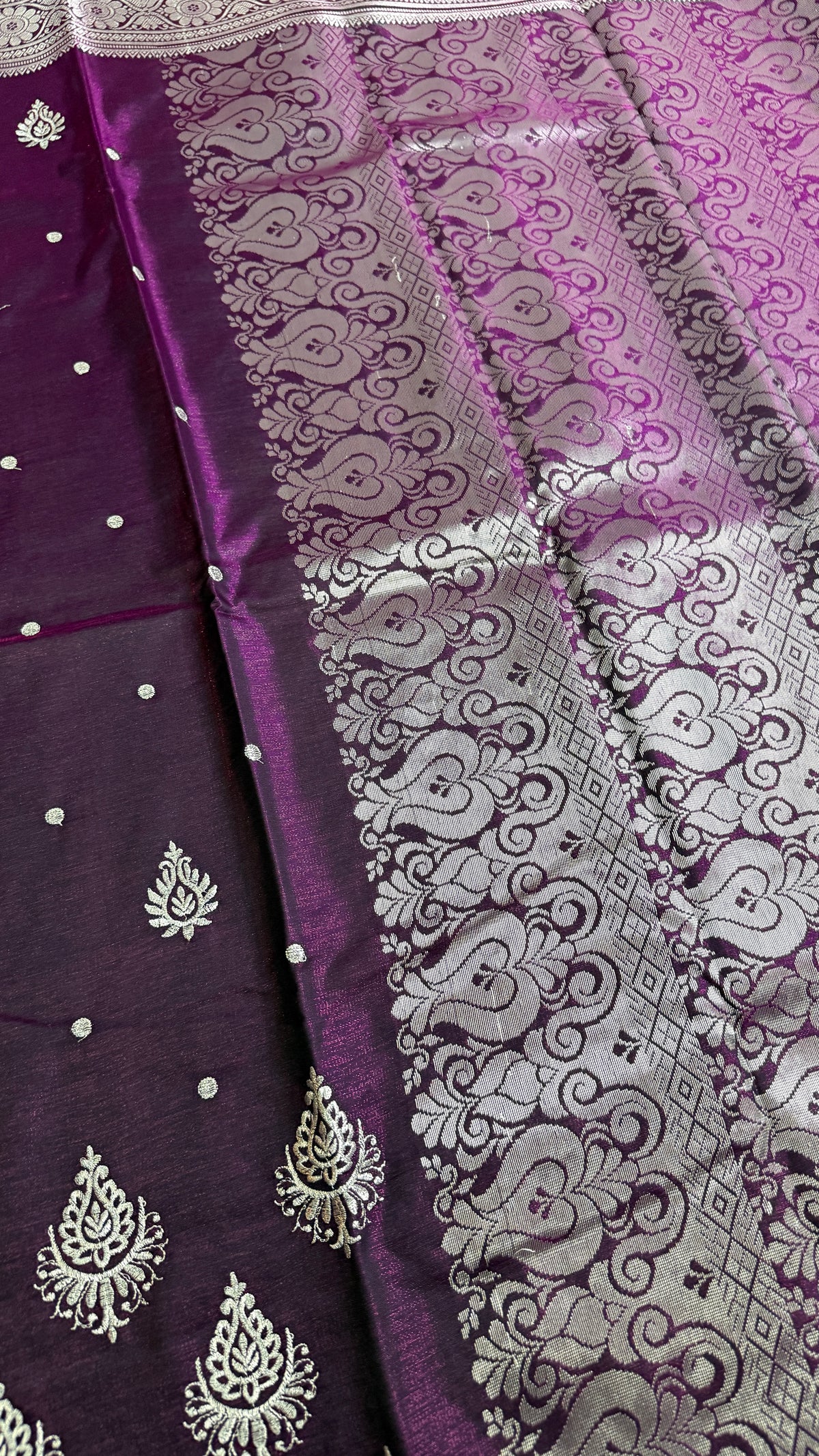 Deep Purple Satin Silk Saree, Silver Zari Border, Festive Indian Wedding Wear