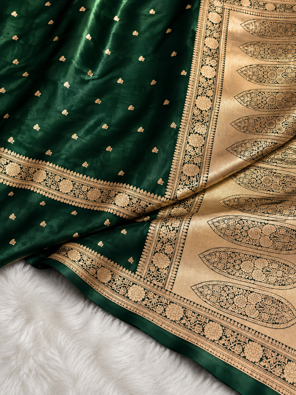 Green Banarasi Mashru Silk Saree, Gold Zari Woven, Traditional Indian Wedding Saree