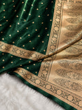 Green Banarasi Mashru Silk Saree, Gold Zari Woven, Traditional Indian Wedding Saree