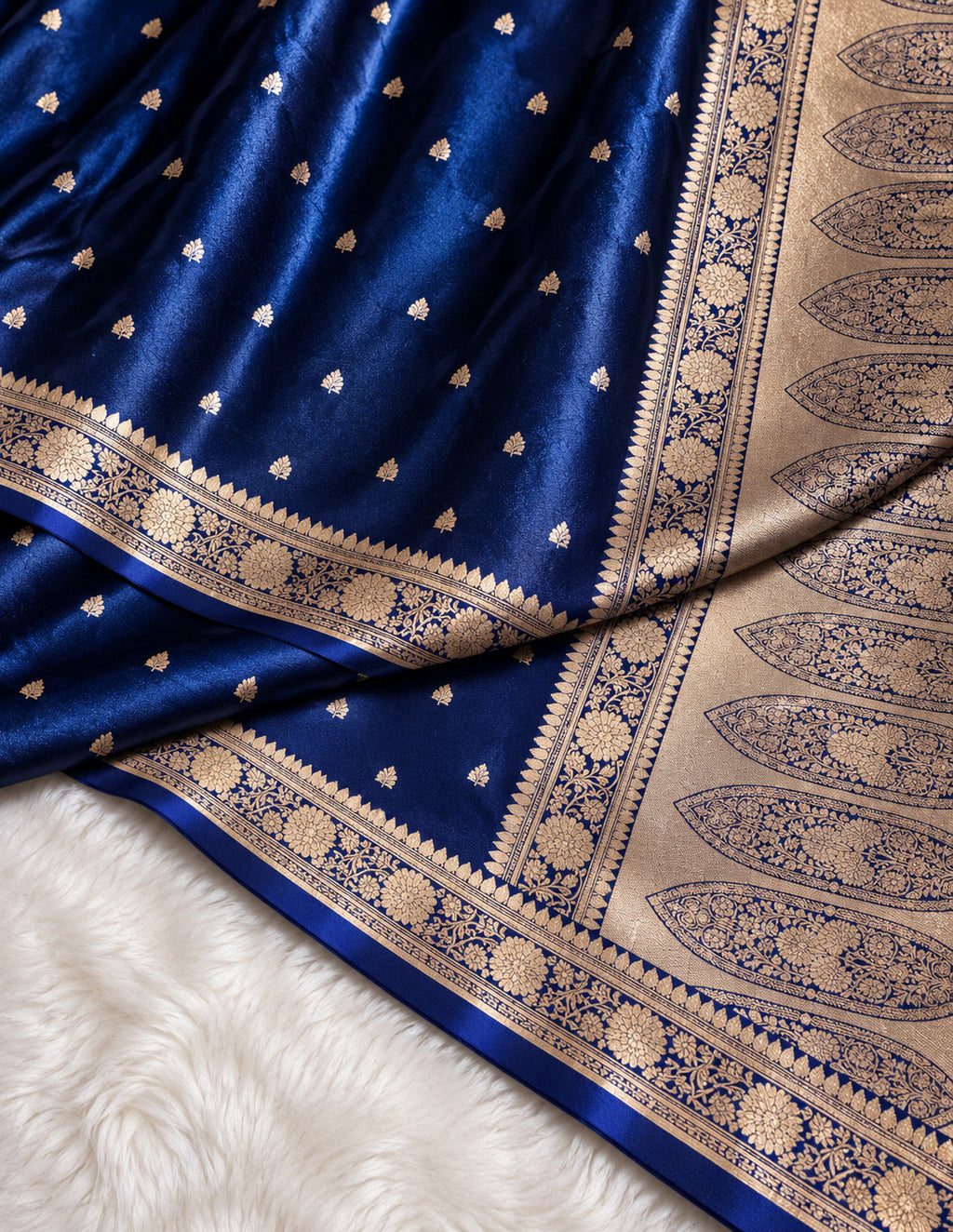 Navy Blue Banarasi Mashru Silk Saree, Gold Zari Woven, Traditional Indian Wedding Saree