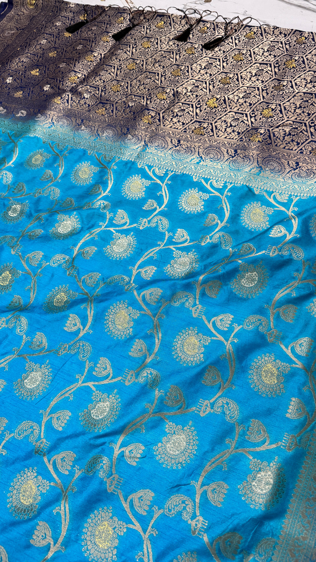 Sky Blue Dola Silk Saree, Banarasi Zari Woven Floral, Festive Indian Wedding Wear