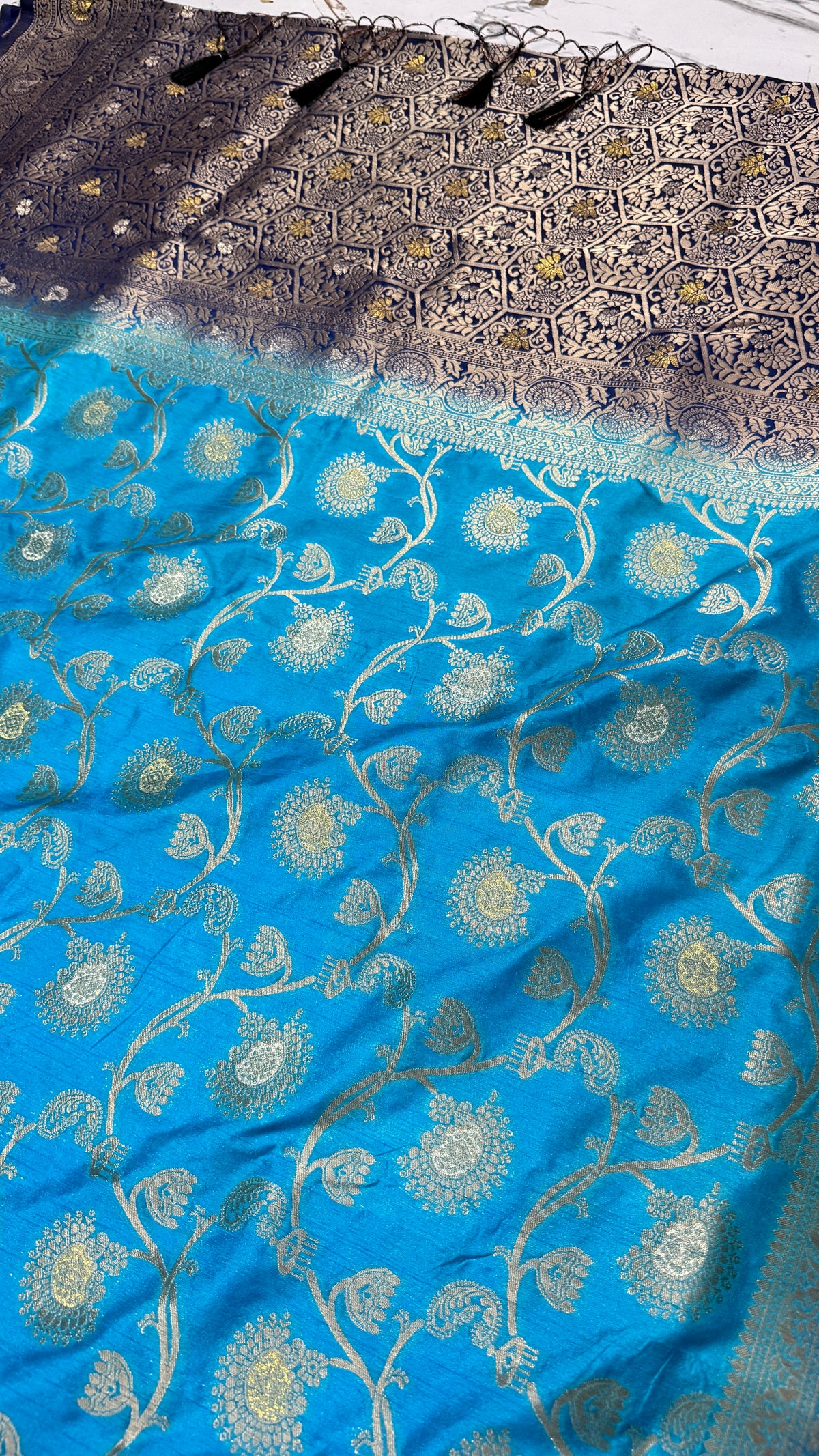 Sky Blue Dola Silk Saree, Banarasi Zari Woven Floral, Festive Indian Wedding Wear