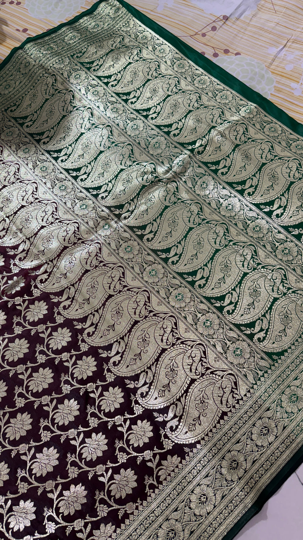 Wine Green Banarasi Silk Saree | Golden Floral Woven Traditional Indian Saree