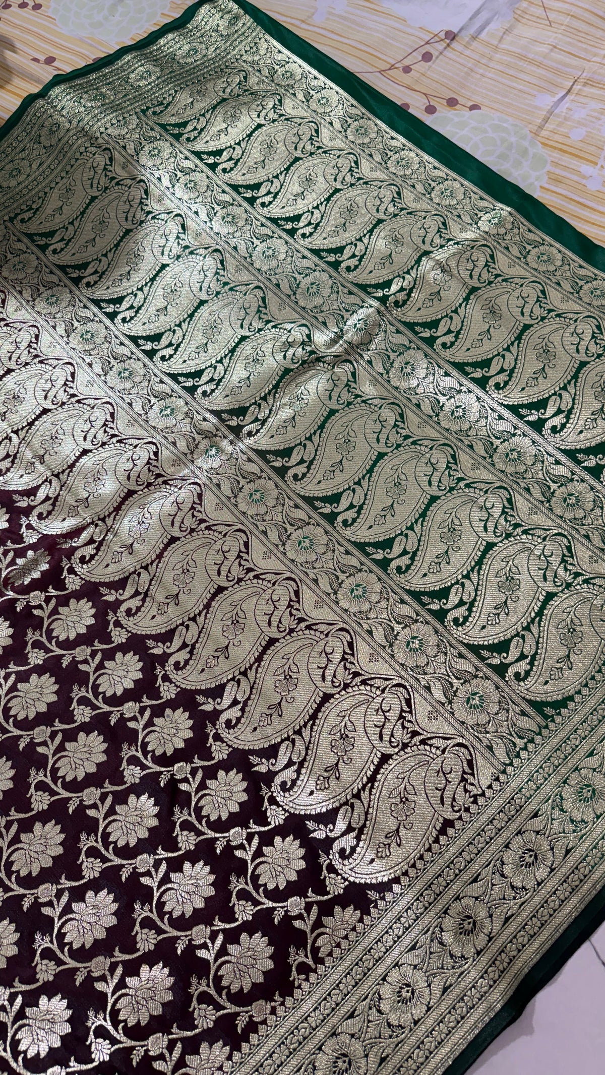 Wine Green Banarasi Silk Saree | Golden Floral Woven Traditional Indian Saree