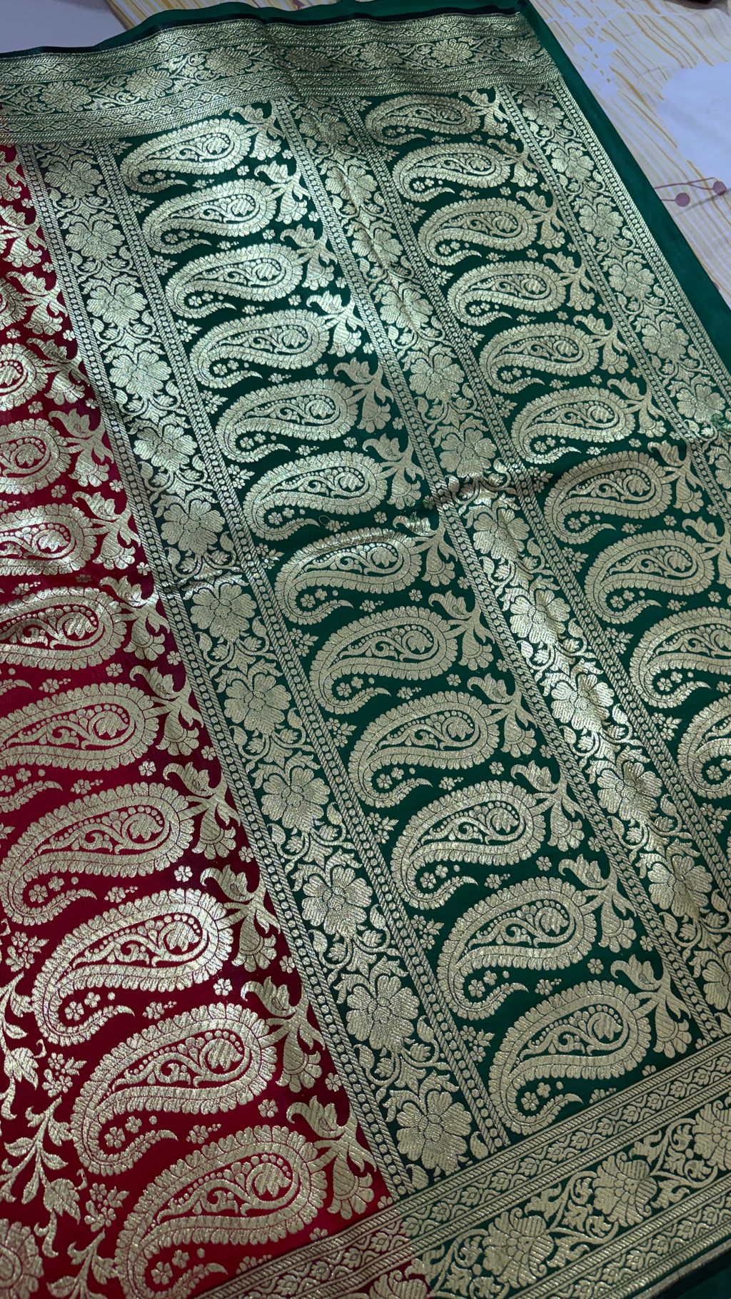 Maroon Green Banarasi Silk Saree, Gold Zari Floral Paisley Wedding Saree