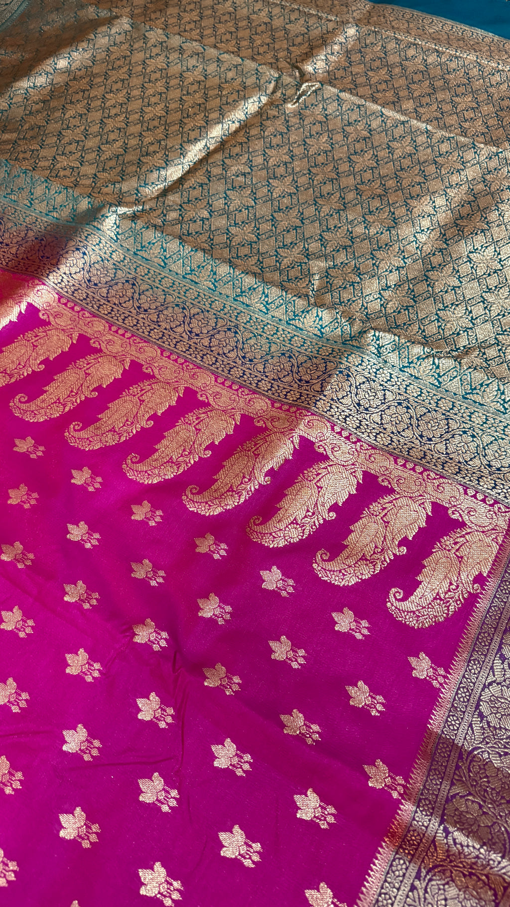 Hot Pink Banarasi Silk Saree with Gold Floral Butti & Rich Zari Border