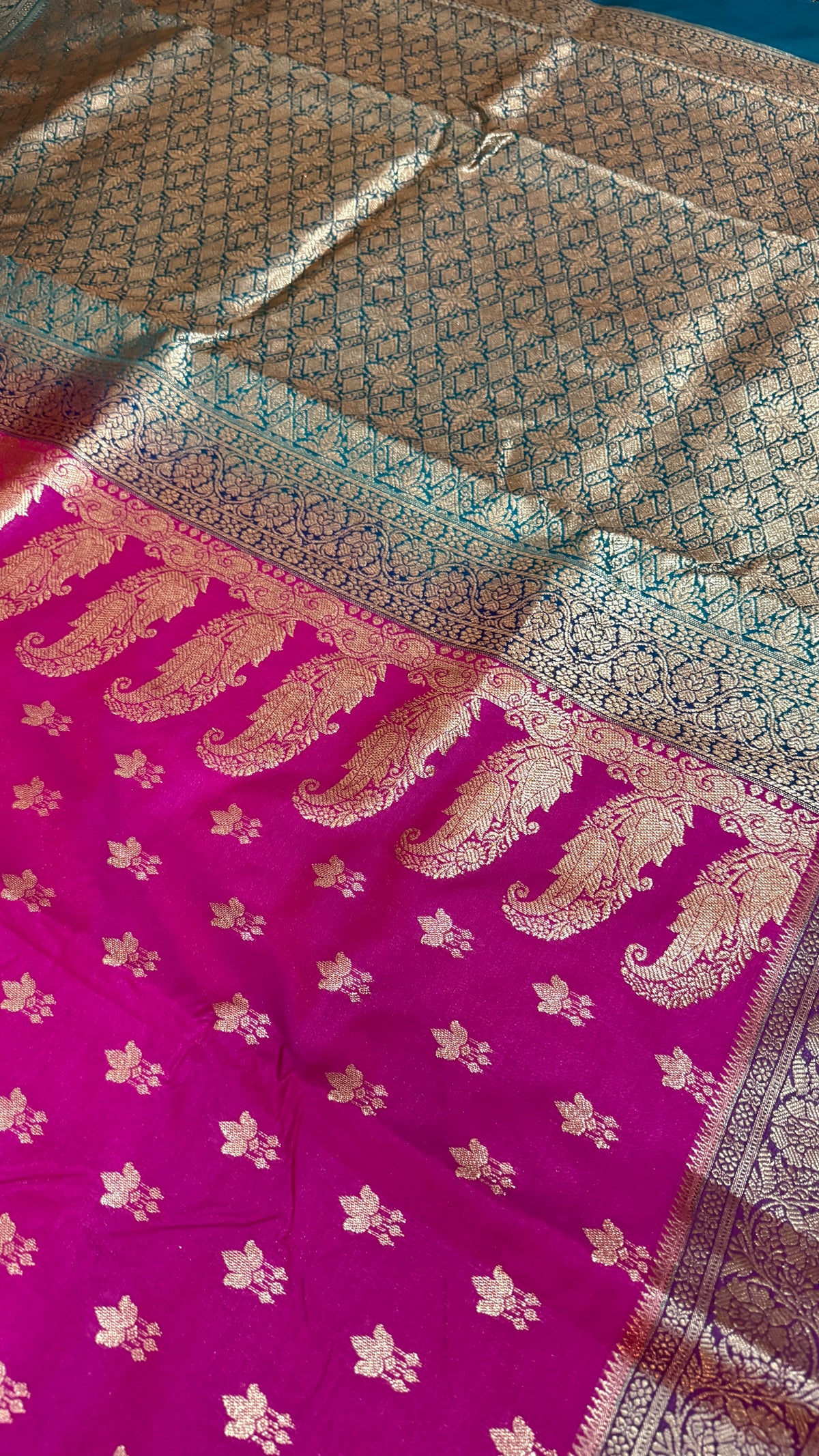 Hot Pink Banarasi Silk Saree with Gold Floral Butti & Rich Zari Border