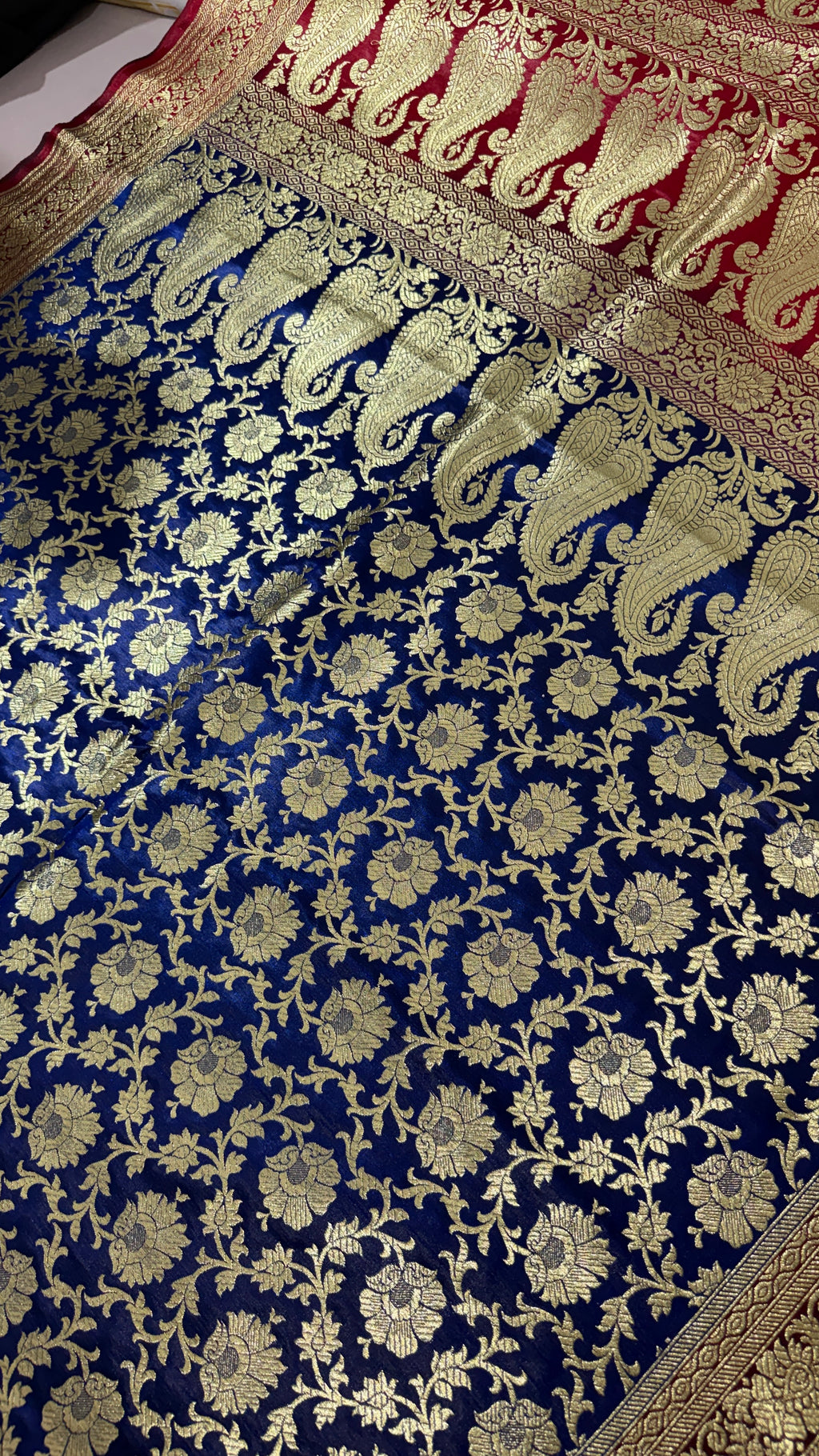 Royal Blue Red Banarasi Silk Saree, Gold Zari Floral Paisley (Wedding)