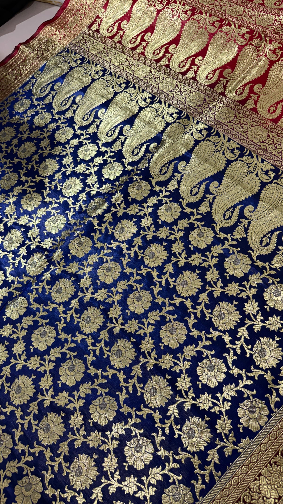 Royal Blue Red Banarasi Silk Saree, Gold Zari Floral Paisley (Wedding)
