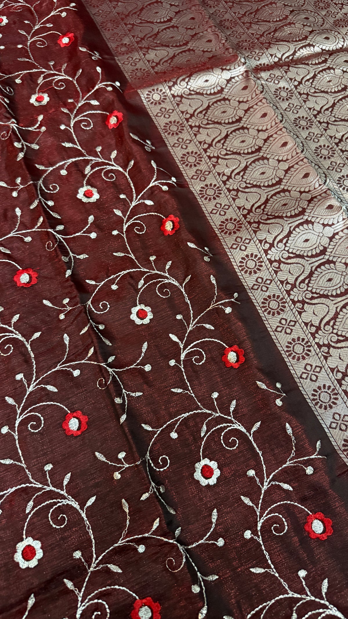 Wine Satin Silk Saree, Floral Vine, Silver Border, Paisley Pallu (Wedding Wear)