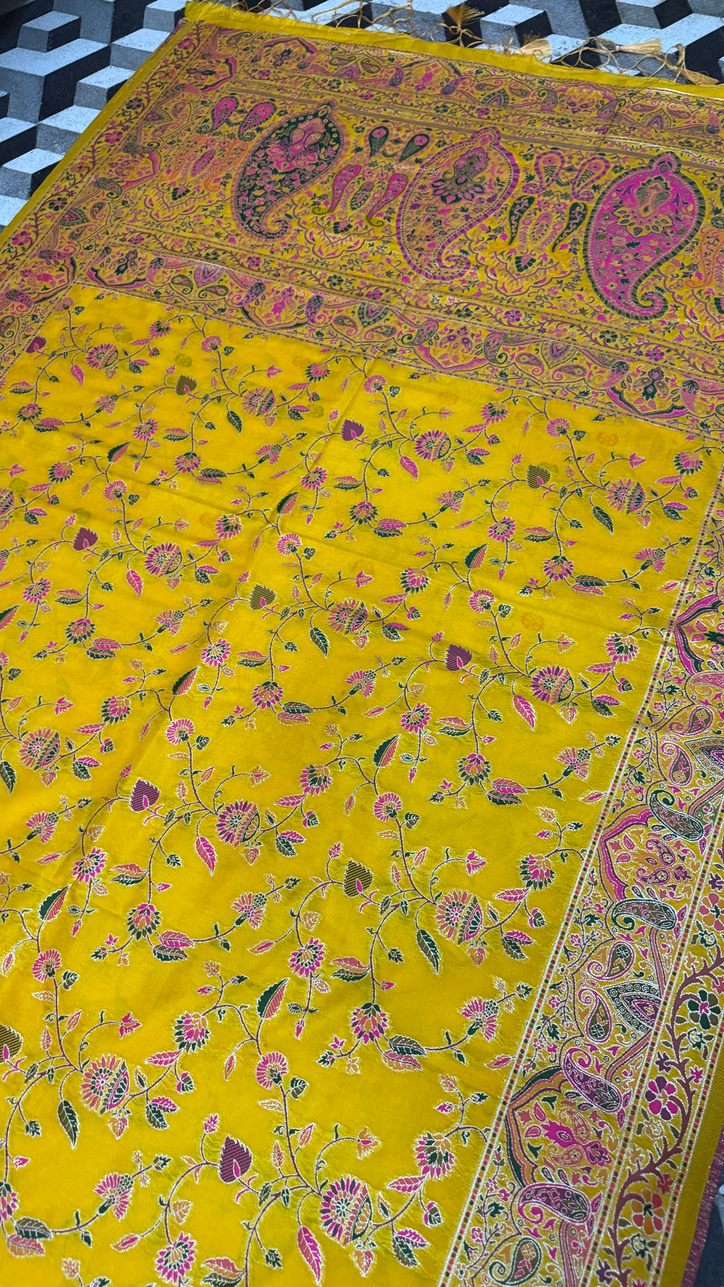 Mustard Yellow Pashmina Silk Saree, Kashmiri Floral Woven Paisley Border, Indian Festive Wear