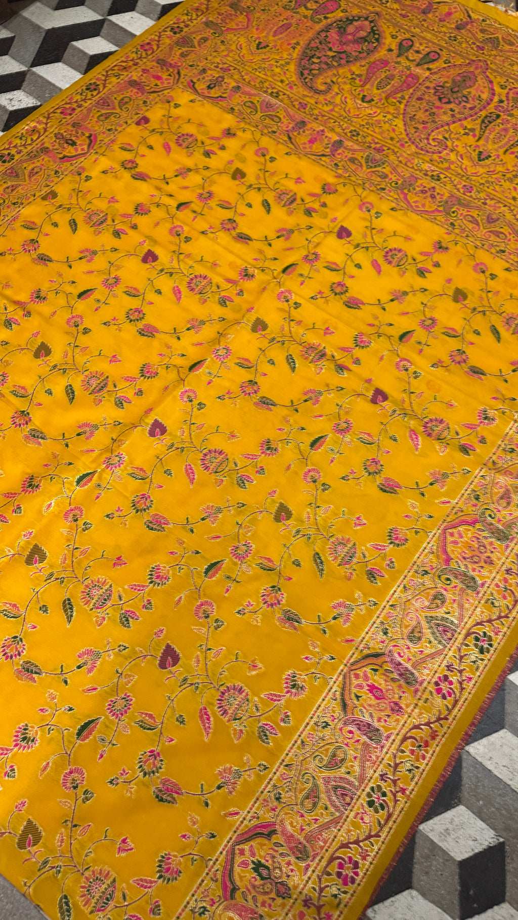 Mustard Yellow Pashmina Silk Saree, Kashmiri Floral Woven Paisley Border, Indian Festive Wear