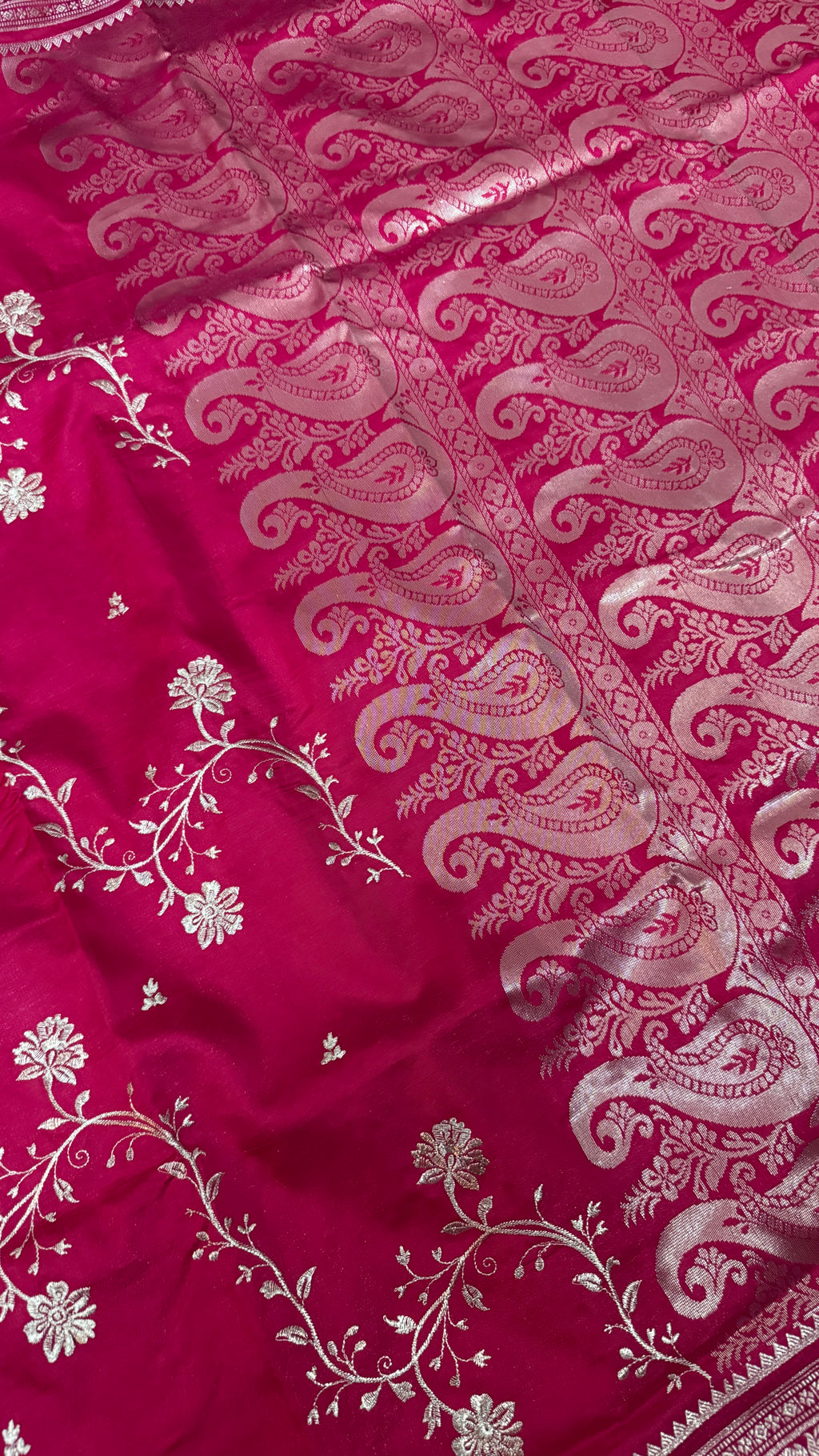 Magenta Satin Silk Saree, Floral Paisley Woven Design, Wedding Party Wear