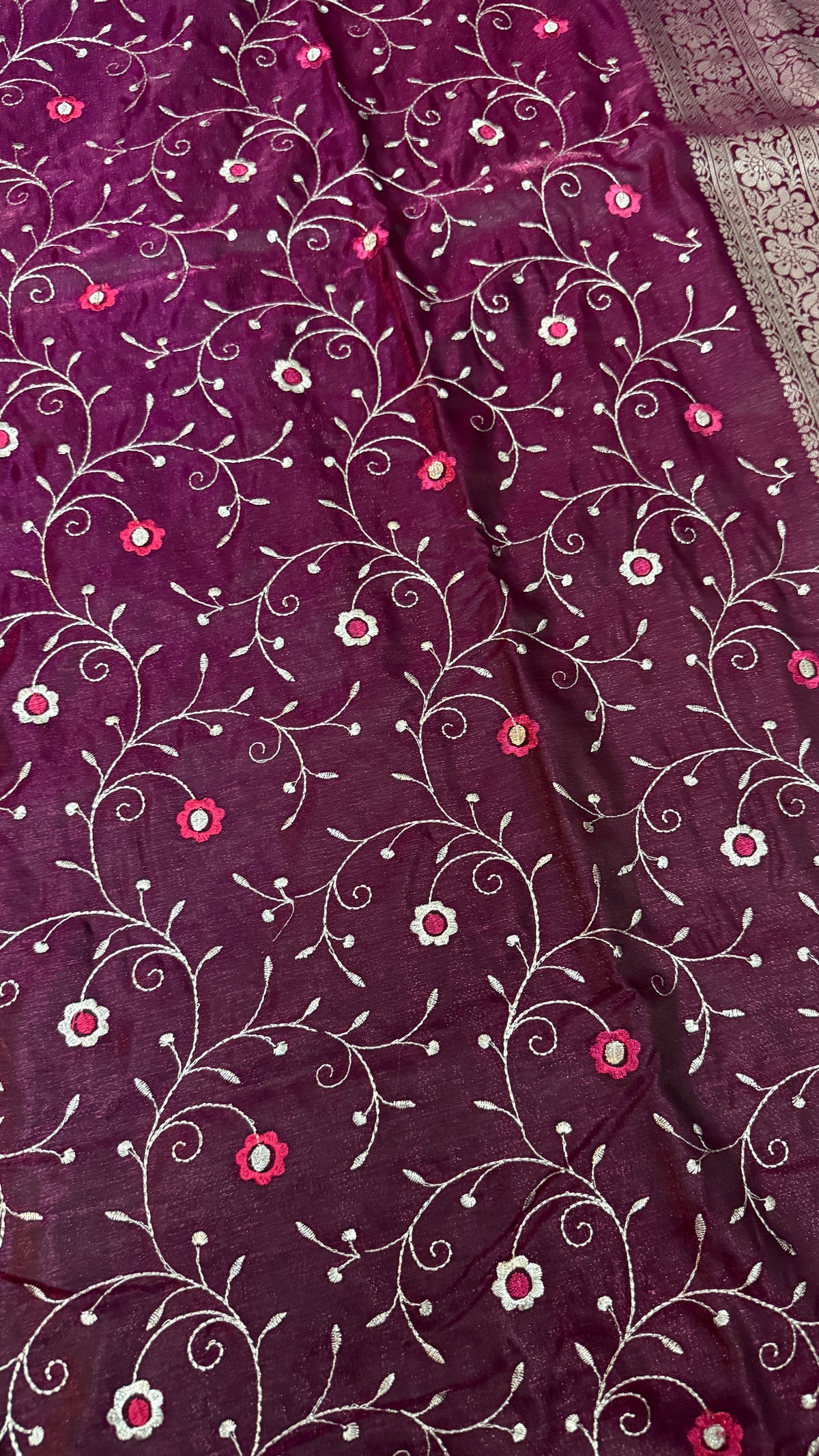 Wine Purple Satin Silk Saree, Floral Vine, Silver Border, Paisley Pallu